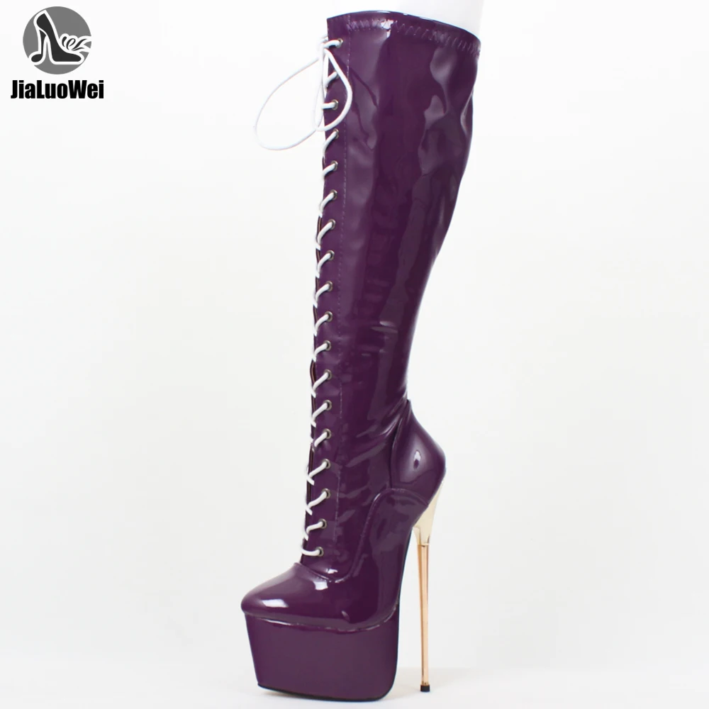 

jialuowei 22CM Ultra High Heel Gold Metal Heels PU leather Lace-Up Knee High Platform Women Sexy Fetish Dance Motorcycle Boots