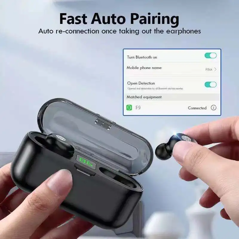 Беспроводные наушники TWS F9, Спортивные Bluetooth наушники, сенсорные мини-наушники, стереогарнитура с басами, с зарядным чехлом 2000 мАч, внешний аккумулятор