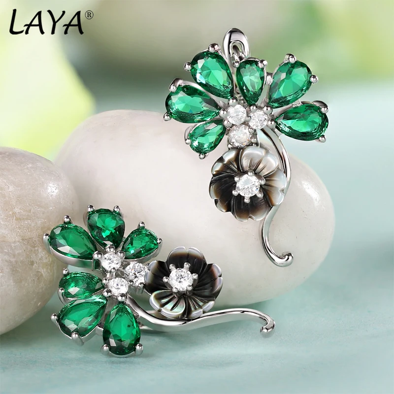 LAYA Drop Earrings And Ring 925 Sterling Silver Bohemian Shining Zircon Black Pink Flower Party Bridal Wedding Jewelry Sets