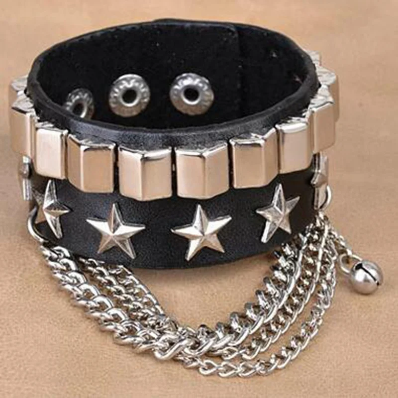 2021 Skull Rivet Hip-Hop Hip Rock bracciale multistrato in pelle metallo pentagramma bracciale a mano bracciale largo da uomo con catena