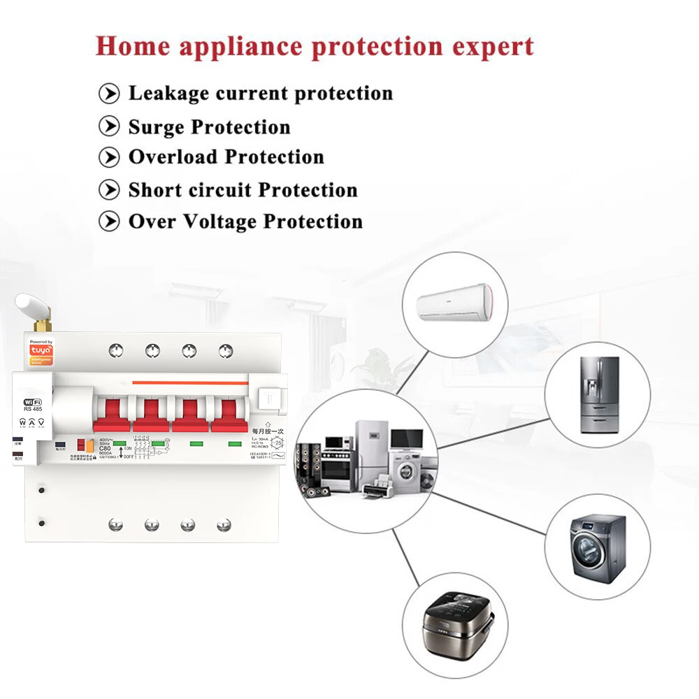 Tuya Smart Life APP RCBO Circuit Breaker with Power Monitoring 4P WiFi RCBO MCB Leakage Current Short Circuit Protection Alexa