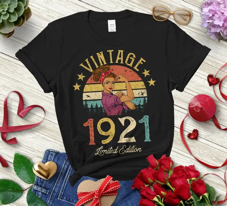 

Vintage 1921 Limited Edition Retro Womens T-Shirt Funny 100th Birthday Gift Funny Letter 100%Cotton Short Sleeve Top Tees O Neck