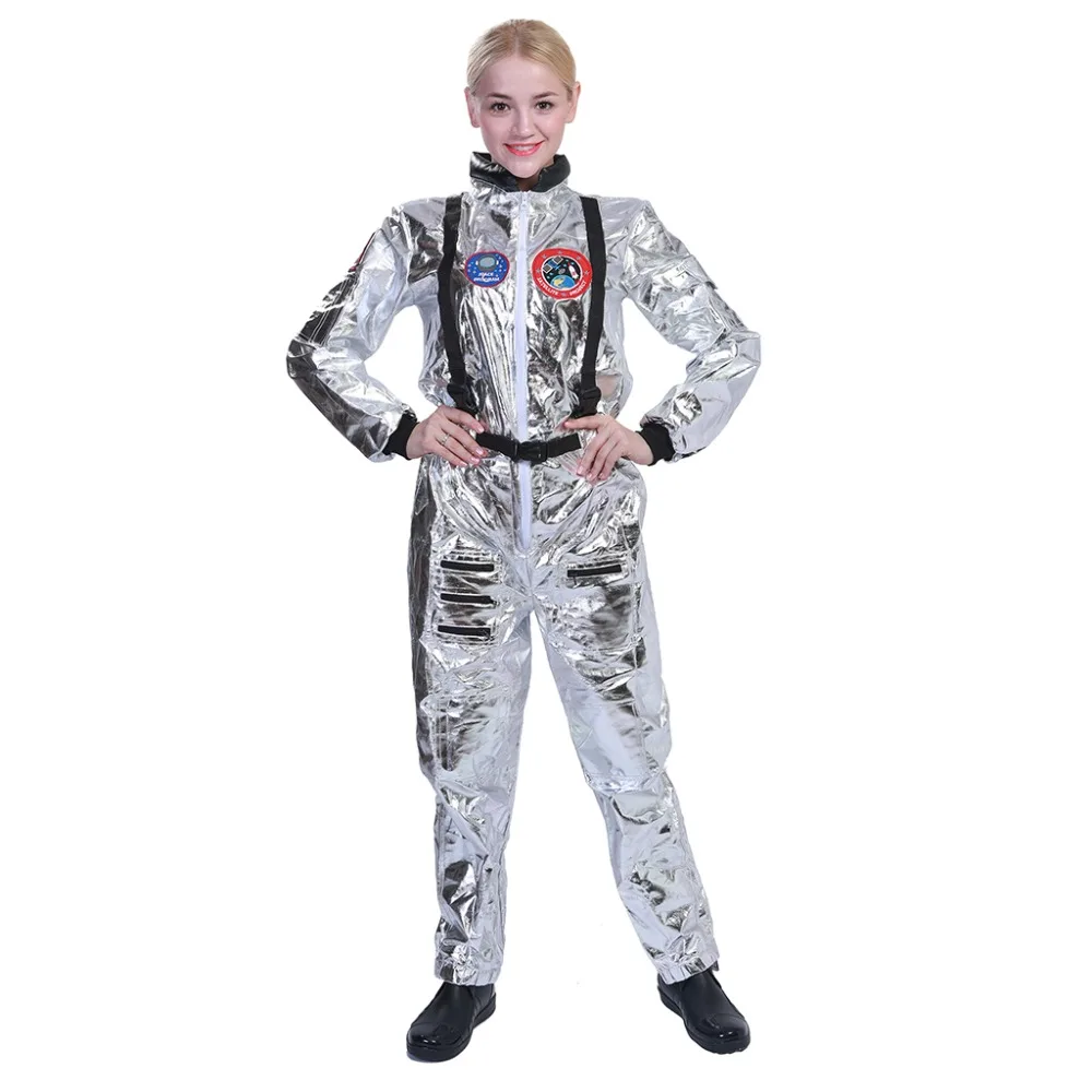 Mulher prata astronauta cosplay traje adulto spaceman festa de halloween macacões carnaval páscoa purim fantasia vestido