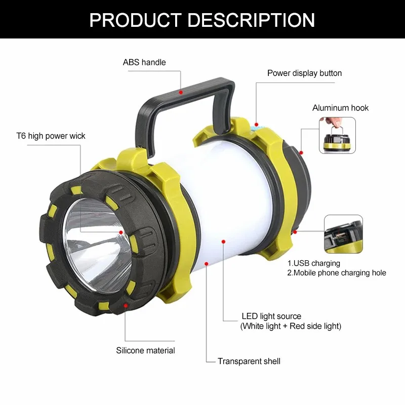 D2 LED Camping Light 18650 Portable Working Light USB Search Light Tent Light Rechargeable Handheld fishing Outdoor Waterproof