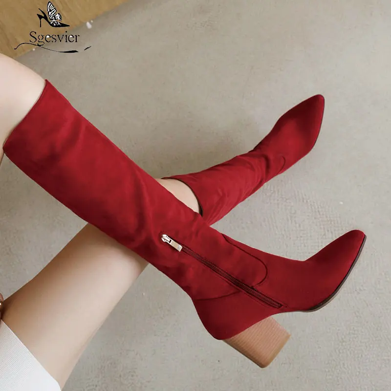 Sgesvier Knee High Boots Western Cowboy Boots for Women Winter Boots Pointed Toe Thick High Heel Female Boot Fashion Shoes Woman