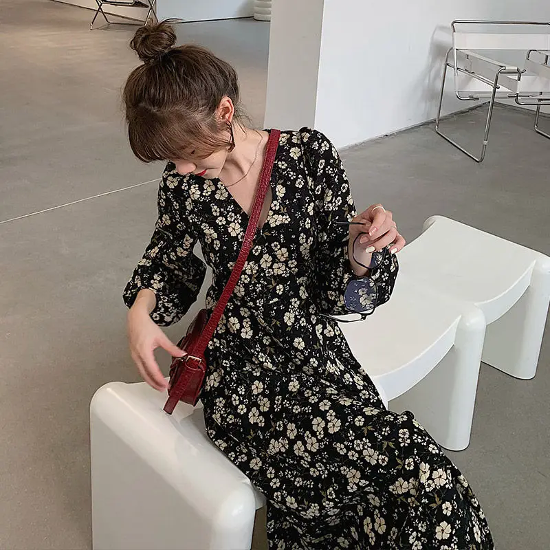 Long Sleeve Dress for Women Floral Vintage Designer Korean Style Street Vestidos Y2k Autumn Chic Mid-calf Casual BF Femme Tender