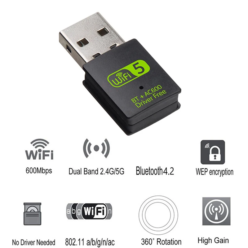 600Mbps USB WiFi Bluetooth Adapter Dual Band 2.4/5.8Ghz Wireless External Receiver Mini WiFi Dongle RTL8821CU for PC/Laptop