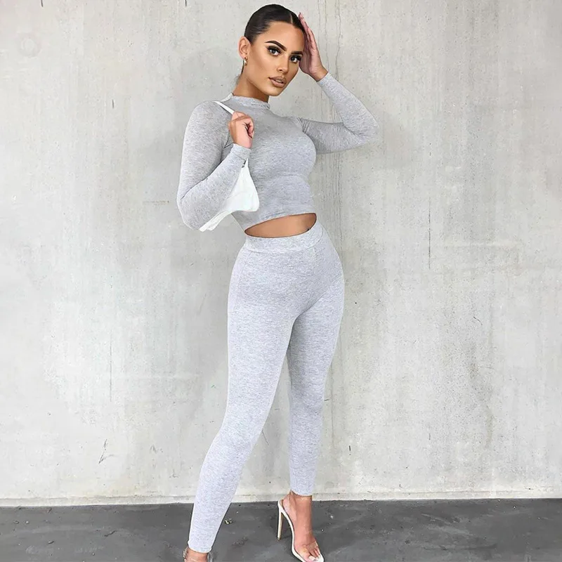 HAWTHAW women spring autumn long sleeve soild colorcrop tops long pant tracksuit two piece clothes suit outfits matching sets