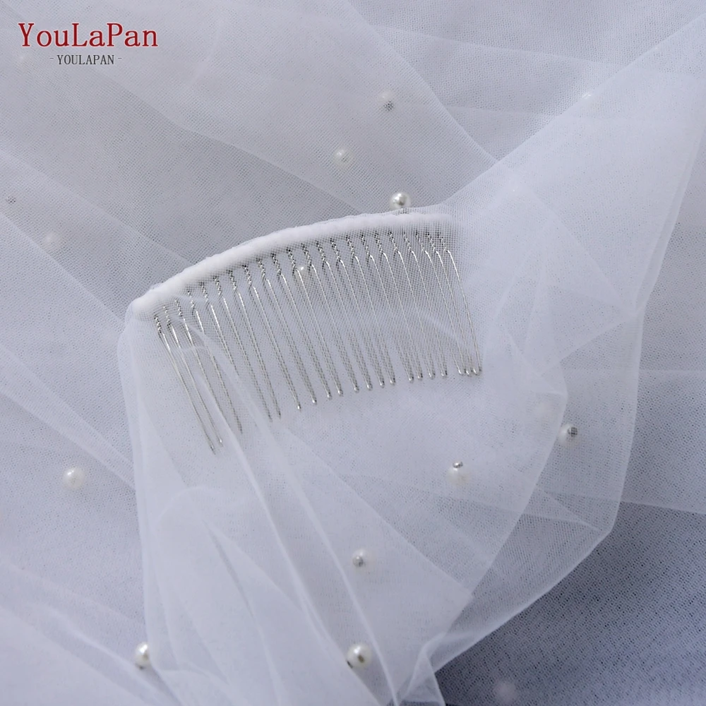 YouLaPan V114 Pearl Veil with Blusher 2 tiers Bridal Veil Cathedral White Ivory Wedding Veil with Pearls Bride Veils Cover Face