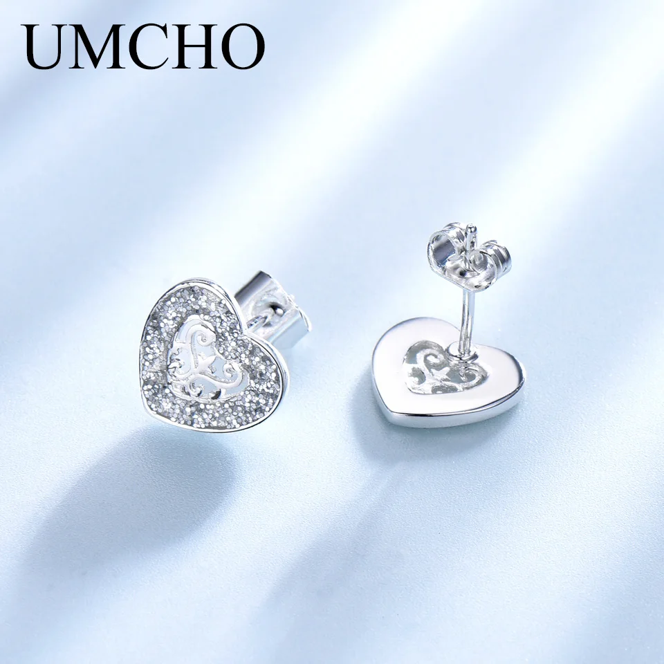 UMCHO Real 925 Sterling Silver Sequins Heart Stud Earrings For Women Wedding Birthday Gifts Fine Jewelry