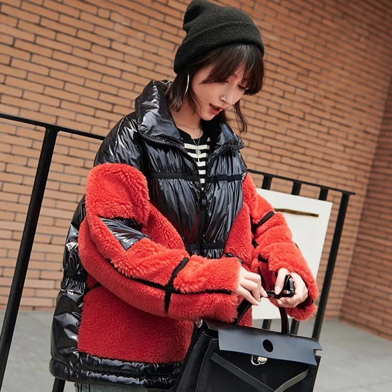 High Street Womens Lamswol Bont Patchwork Bright Down Koreaanse Casual Winter Warme Dikke Lange Mouwen Bovenkleding Korte Jassen