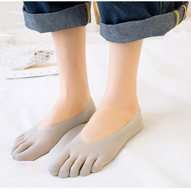 5 Pairs Five Finger Boat Socks Women Spring Summer Thin Plain Weave Shallow Mouth Velvet Ice Silk Sweat Absorbent Toe Socks