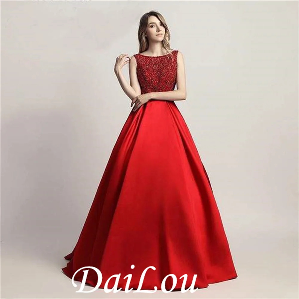 A Line O Neck Floor Length Elegant Beaded Women Evening Party Ceremony Dresses Long Dubai  Satin  Formal Prom Gown Vestidos 2021