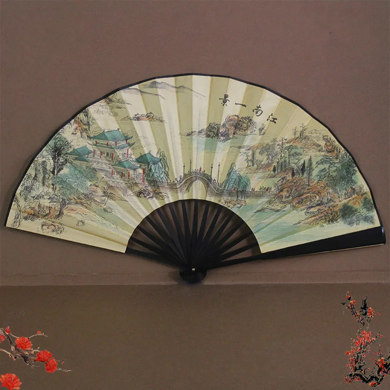 Custom Chinese Retro Folding Hand Fan Men Bamboo Silk Folding Fan Double Side Vintage Hand Paper Fans Portable Folding Fans