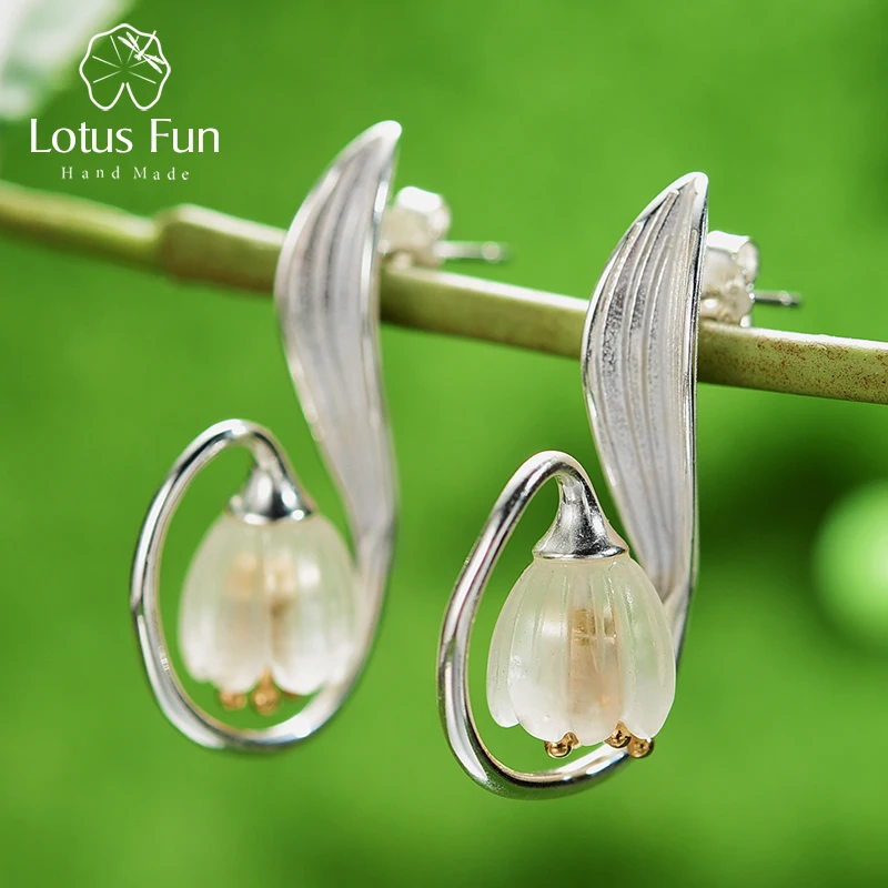 Lotus Fun Real 925 Sterling Silver Handmade Fine Jewelry Natural Crystal Lily of the Valley Flower Dangle Earrings for Women