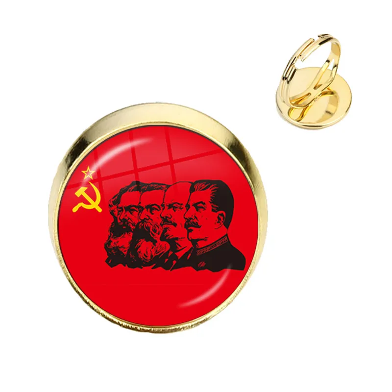 Soviet USSR Stalin Lenin Adjustable Rings Classic Red Star Hammer Sickle Communism Emblem CCCP Glass Cabochon Jewelry Gift