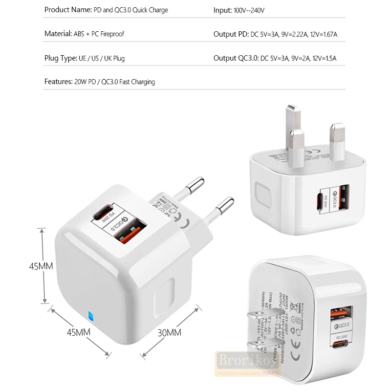 PD 20W USB Type C Charger EU US UK Adapter Fast Phone Charge For iPhone 12 Pro Max 11 X Xs Xr 6 7 8 iPad Huawei Xiaomi  Samsung