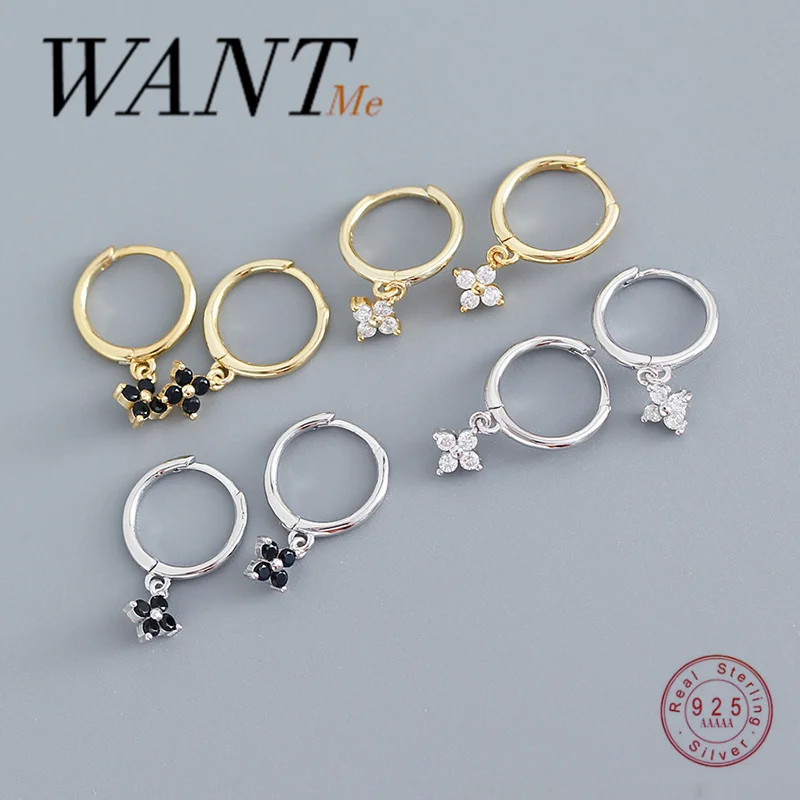 

WANTME Новая мода из стерлингового серебра 925 пробы, черный, белый цвет с фианитом, висячая пряжка для ушей с цветком для женщин, вечерние серьги, ювелирные изделия