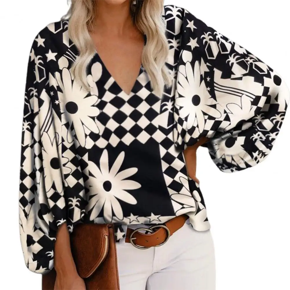 Vintage Blouse Women Boho Printed Casual Loose Long Lantern Sleeve V-neck Shirt Vintage Streetwear Plus Size 2XL Clothing