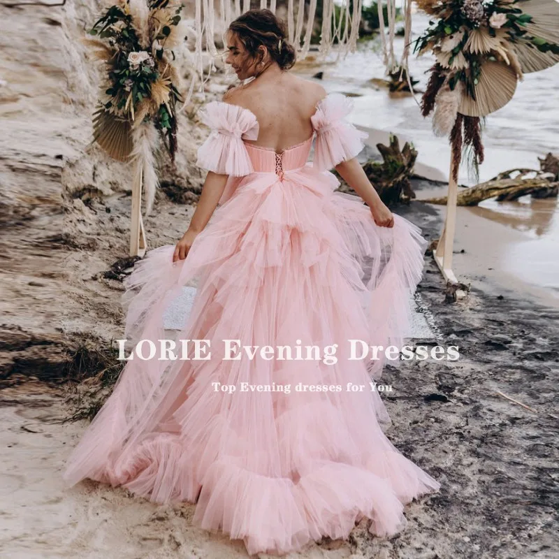 LORIE-vestidos de baile de graduación rosa, vestido de noche con escote Corazón, mangas separadas con volantes, corsé de tul de línea A, vestido de fiesta de boda de celebridades