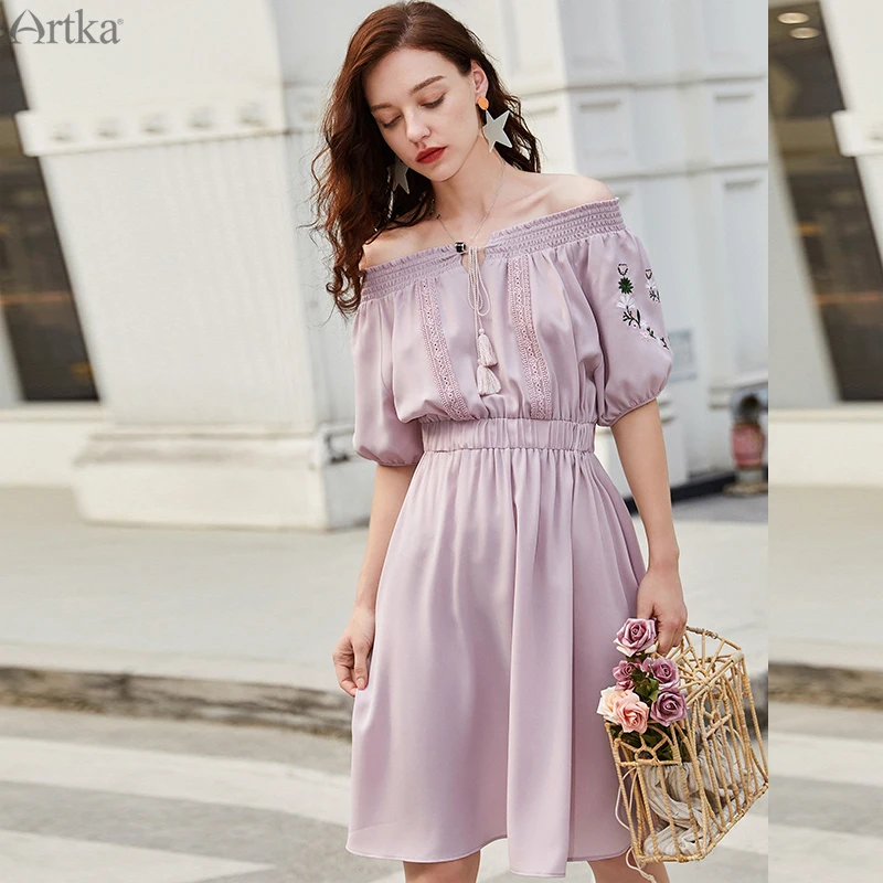 ARTKA 2019 Summer New Women Dress Vintage Embroidered Puff Sleeve Dress Elegant Slash Neck Dresses Elastic Waist Dress LA15993X