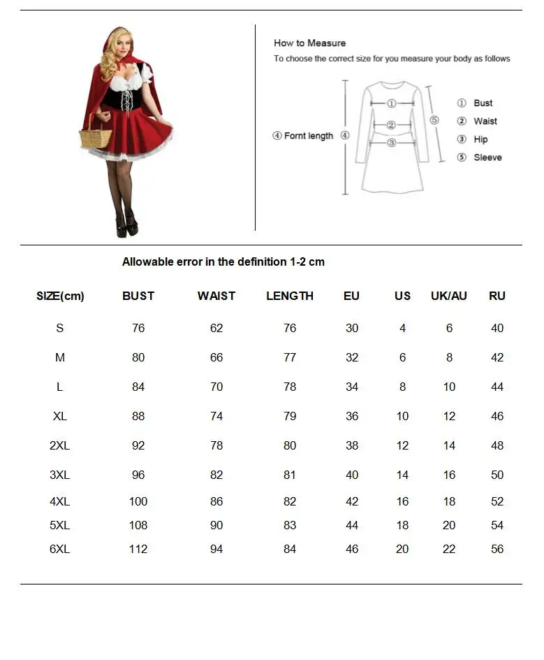 Little Red Riding Hood Adult Costume Women's Sexy Dress & Cape Halloween Cosplay Fantasy Fancy Dress