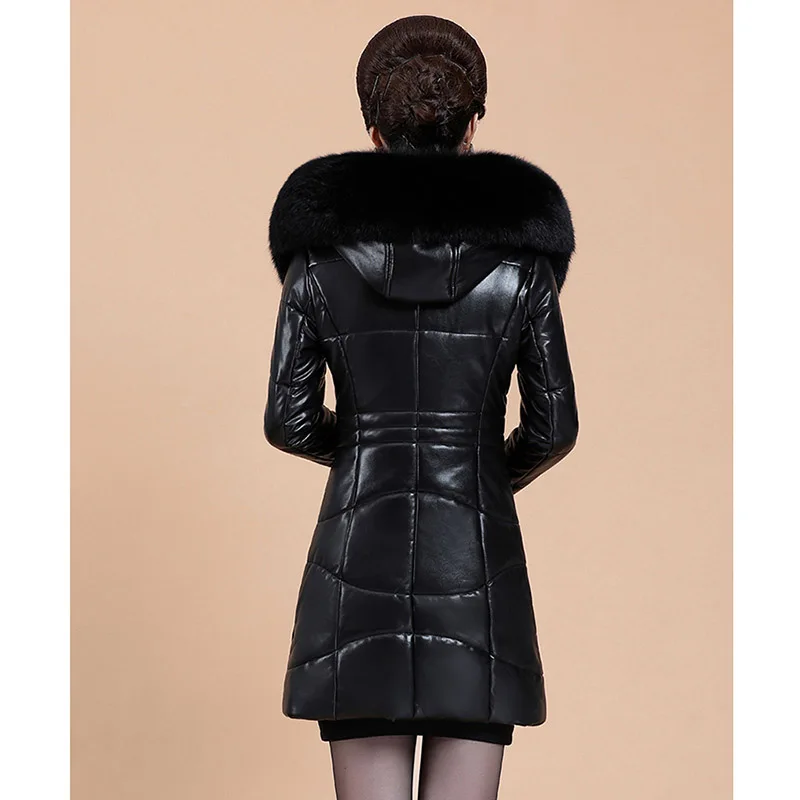 8XL Leather Down Jacket Women Mid-Length Fur Collar Hooded Leather Coat Winter Female Thick Warm Jacket 2023 Vintage Outerwear