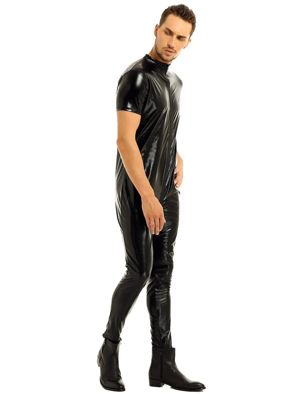 iiniim Mens Stretchy Faux Leather Short Sleeves Zipper Crotch Full Body Leotard Bodysuit Clubwear Evening Party Men Overalls