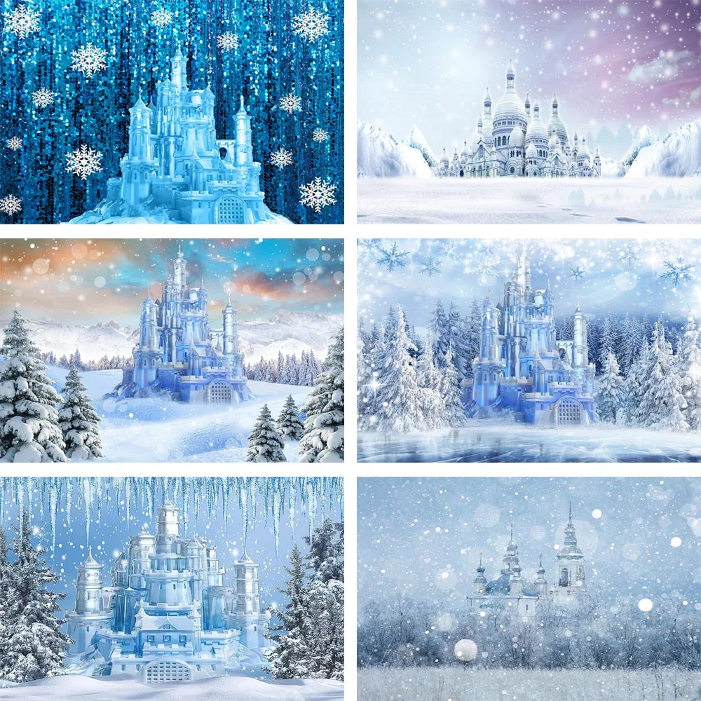 

Winter Castle Backdrop White Snow Frozen Photography Background Child Portrait Birthday Cake Table Decoration Props Photo Studio