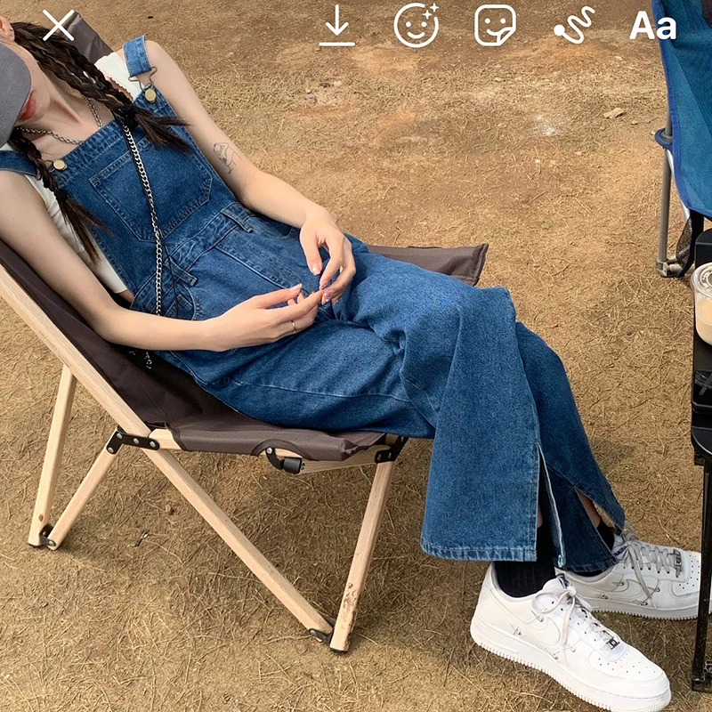 Overalls Frauen Denim Vintage Koreanischen Stil Split Streetwear Studenten Alle-spiel Stilvolle Neue Designer Gerade Hosen Weibliche