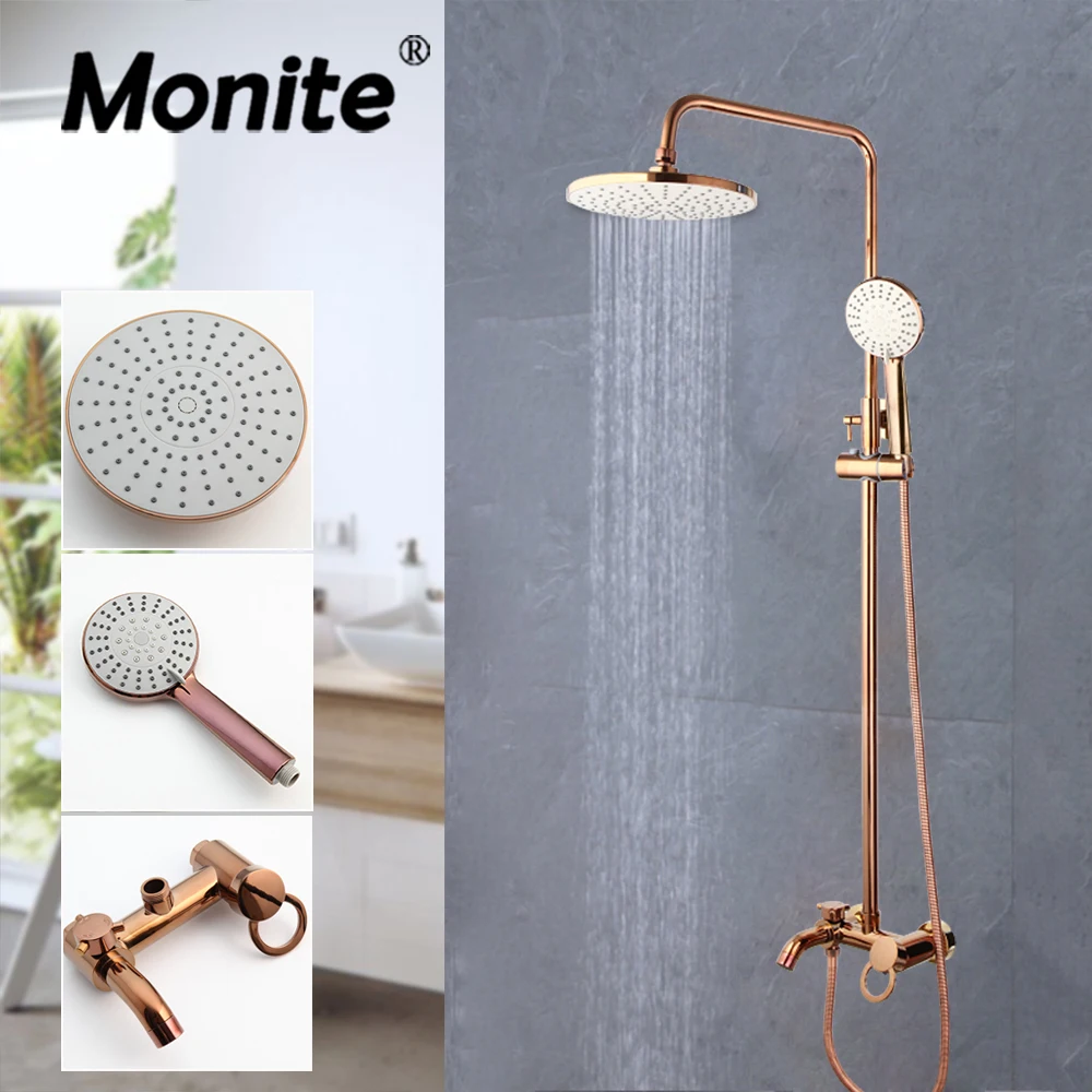 

Monite Rose Gold Shower Faucet Rainfall Head Pink Golden Bathroom Bathtub Shower Set Faucet w/ Mixer Hand Shower & Bathtub Spray