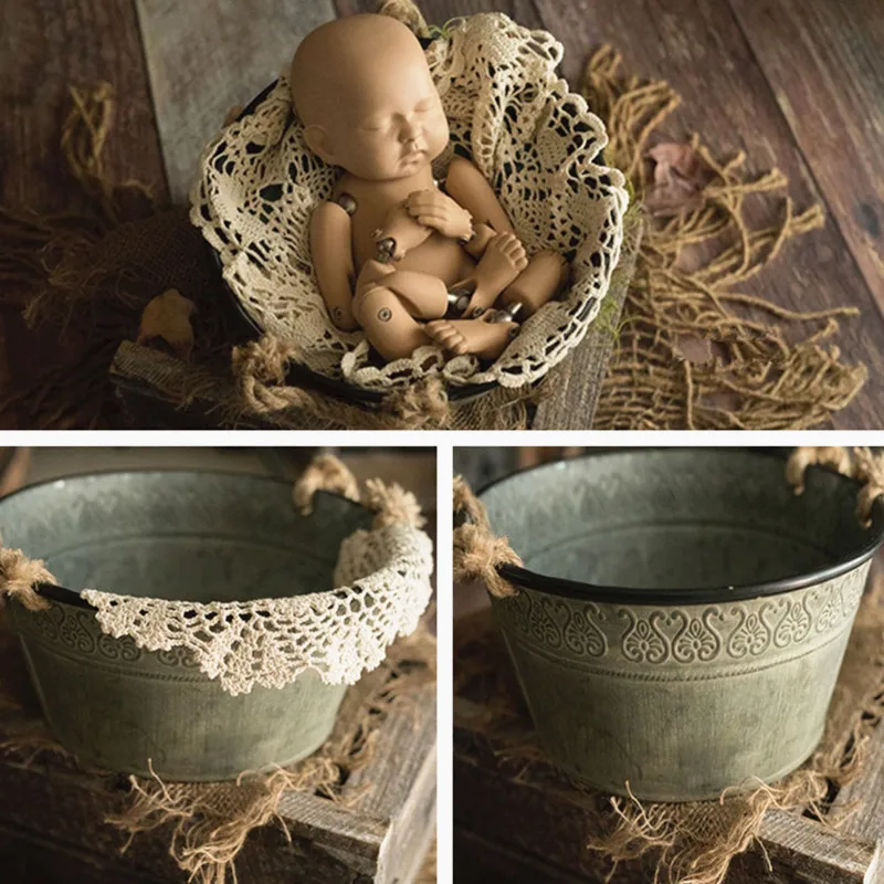 Newborn Photography Props Basin Tub Baby Photo Props Studio Accessories Retro Pattern Iron Bucket for Newborn Shooting