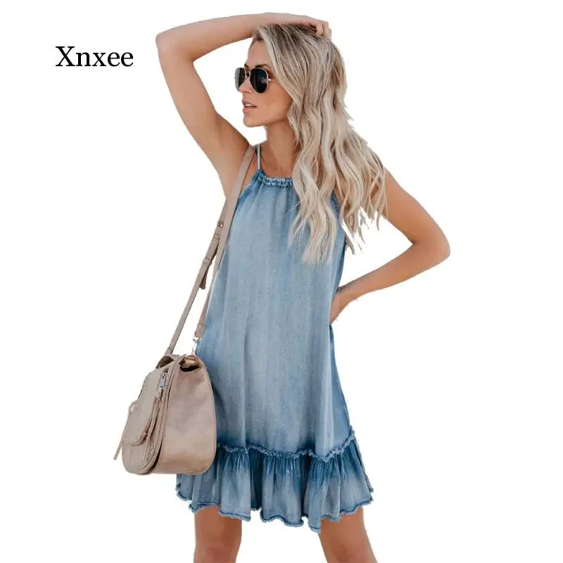 A-Line Denim Strappy Ruffle Lace Up Mini Dress Women Fashion Sexy Casual Loose Party Club Short Dresses