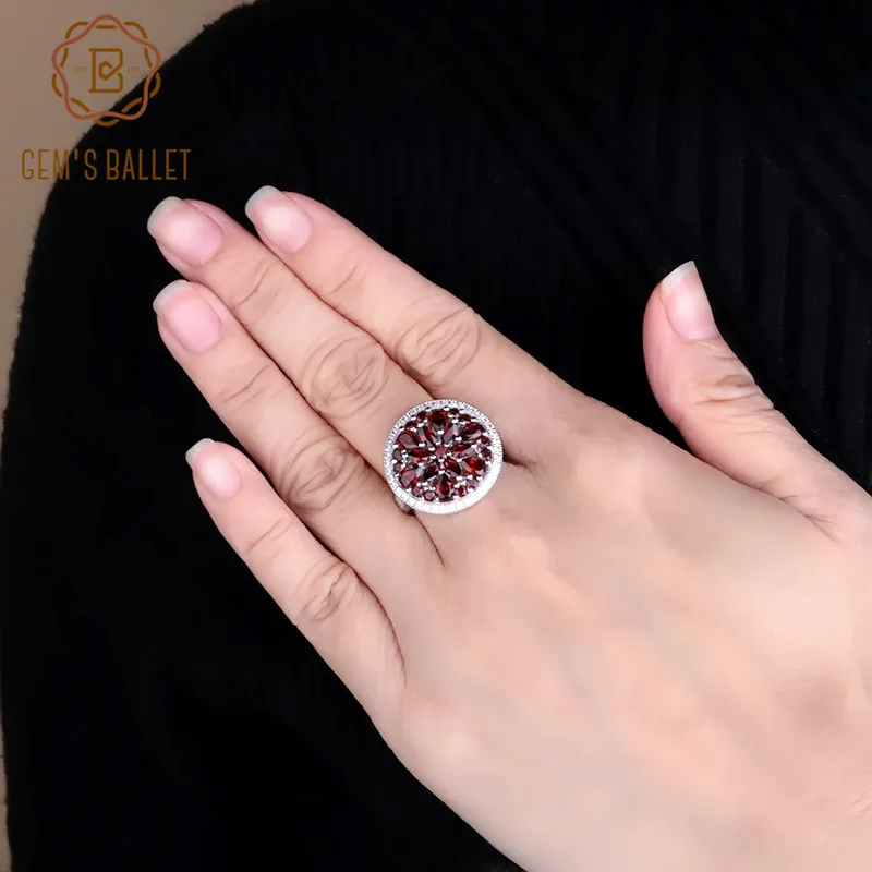 GEM\'S BALLET 3.88Ct Round Natural Red Garnet Gemstone Ring 100%925 Sterling Silver Classic Cocktail Rings for Women Fine Jewelry