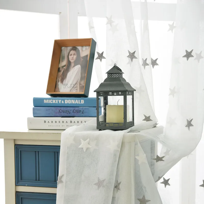 Embroidered Curtains for Living Room Star White Sheer Curtain for Kitchen Casual Faux Linen Bedroom Cortinas