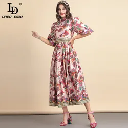 LD LINDA DELLA Fashion Runway Autumn Long Dress 2021 Women's Puff sleeve Flower print Elegant Vacation Party Dress