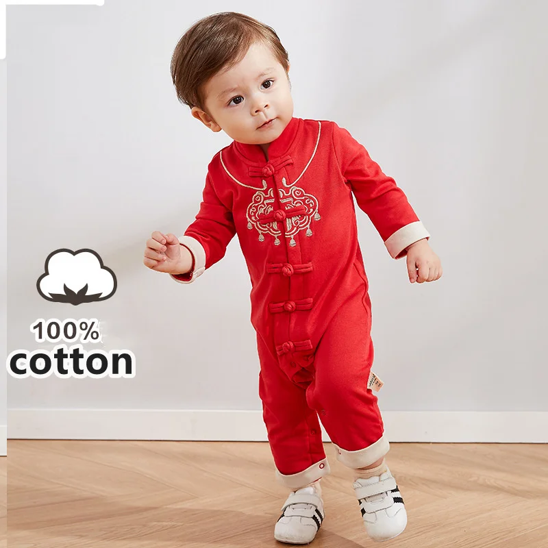 

Chinese Costumes for Newborn Baby Boys Fall Winter Tang Suit Jumpsuit Traditional New Year Spring Festival Embroidery Bodysuit