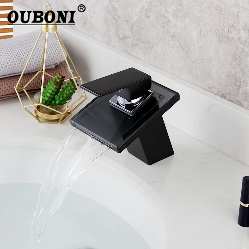 OUBONI ORB Black Waterfall Bathroom Faucet Black Glass Deck Mounted Solid Brass Wash Basin Sink Vessel Tap Mixer Faucet