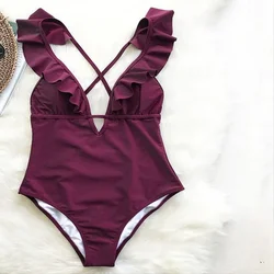 Costume da bagno Bikini Falbala con attacco a cuore bordeaux set da donna con volant scollo a v Monokini 2019 costumi da bagno da spiaggia per ragazze nuove