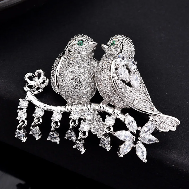 OKILY Love Birds Women  Brooches Micro Paved AAA Cubic 2 Bird Standing On The Branch Animal  Scarves Buckle Wedding Brooch Pin