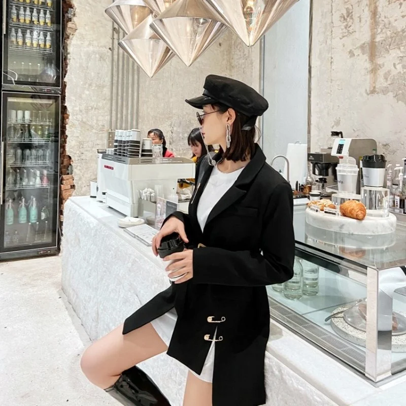 Women Designer Black Blazer Spring Autumn Elegant Single Button Suit Jacket England Style Sashes Office Lady Formal Coat S-L