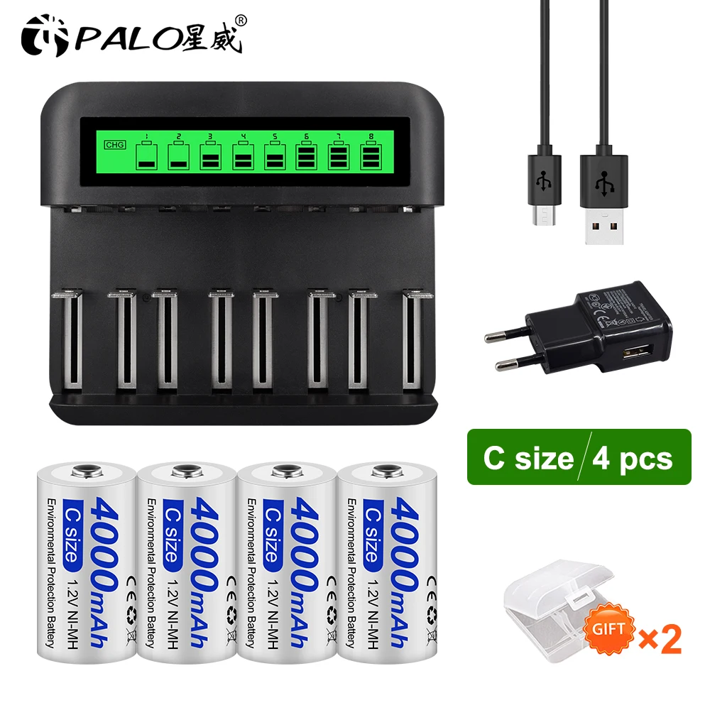 

PALO 1.2V Nimh C size Rechargeable Battery 4000mah Type C Battery+LCD Battery Charger for 1.2v NIMH AA AAA C D Type Battery