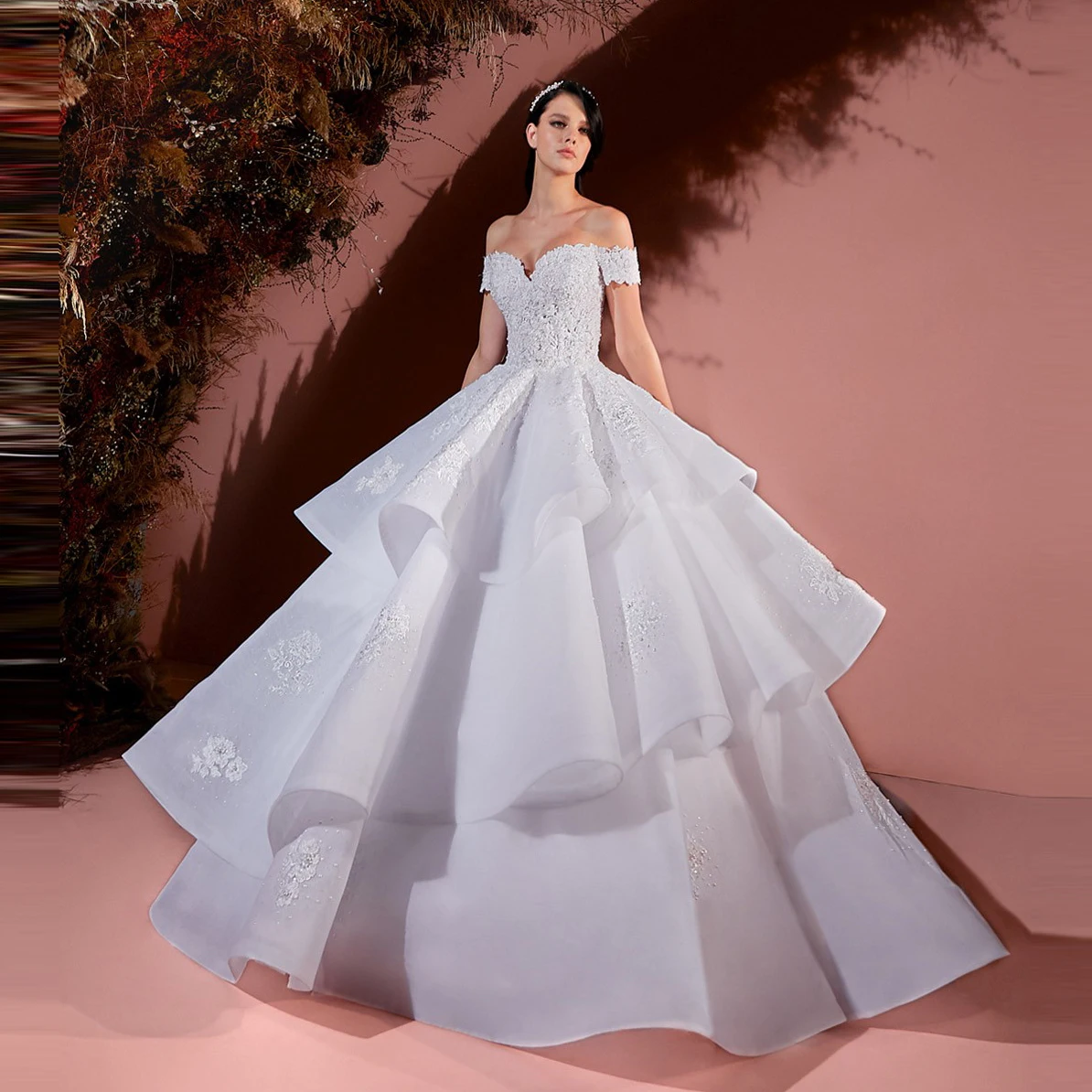 

Pretty Organza Appliques Bridal Ball Gowns Elegant Off The Shoulder Tiered Ruffles Wedding Dress With Long Train Beaded