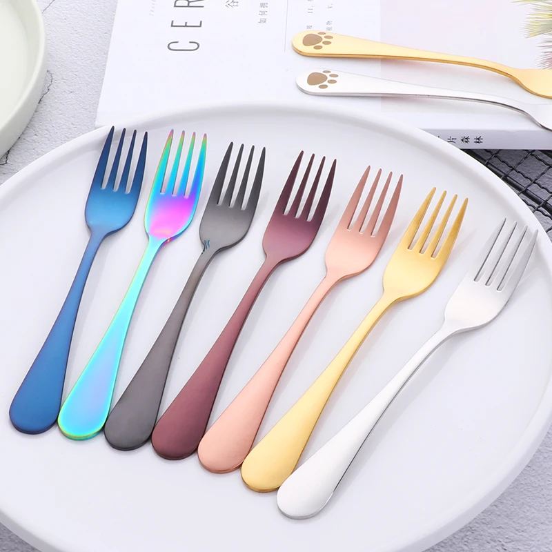 1Pc Children Fork Food Grade Stainless Steel Forks Gold For Fruit Salad Small Round Handle Dinnerware Useful Kids Eating Tools