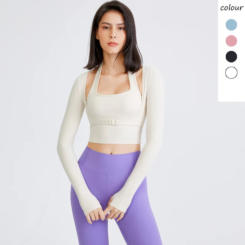 Kobiety Sexy Solid Color Top sportowy z długim rękawem z otworami na kciuki trening koszulka do jogi Outdoor Gym krótkie bluzki z klockami