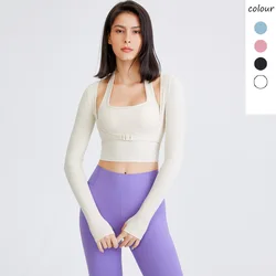 Kobiety Sexy Solid Color Top sportowy z długim rękawem z otworami na kciuki trening koszulka do jogi Outdoor Gym krótkie bluzki z klockami piersiowymi