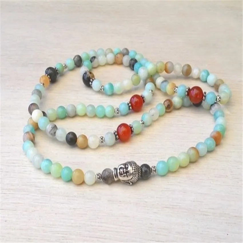 

6mm Amazonite Stone 108 Beads Buddha Head Bracelet Handmade Cuff Pray Buddhism Meditation Stress Yoga Unisex Prayer