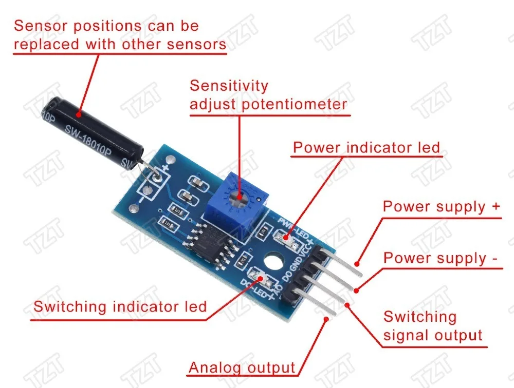 TZT Vibrationssensormodul, normalerweise geöffneter Typ, SW18010P, Vibrationsschalter-Alarm-Sensormodul für Arduino – Detail 1
