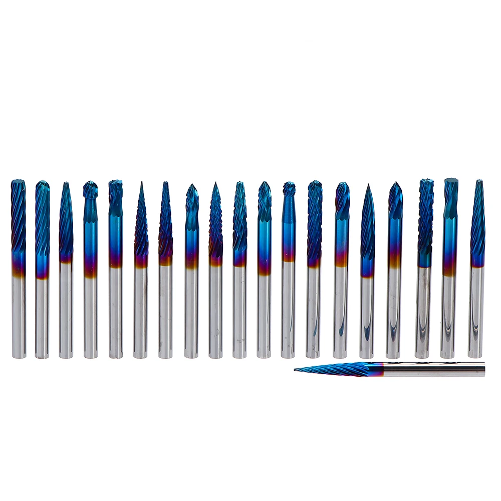 20pcs End Mill CNC Router Bit 3mm Nano Blue Coating Rotary Burs Set Double Cut Coat Carbide File Carving Tools Grinding Bit