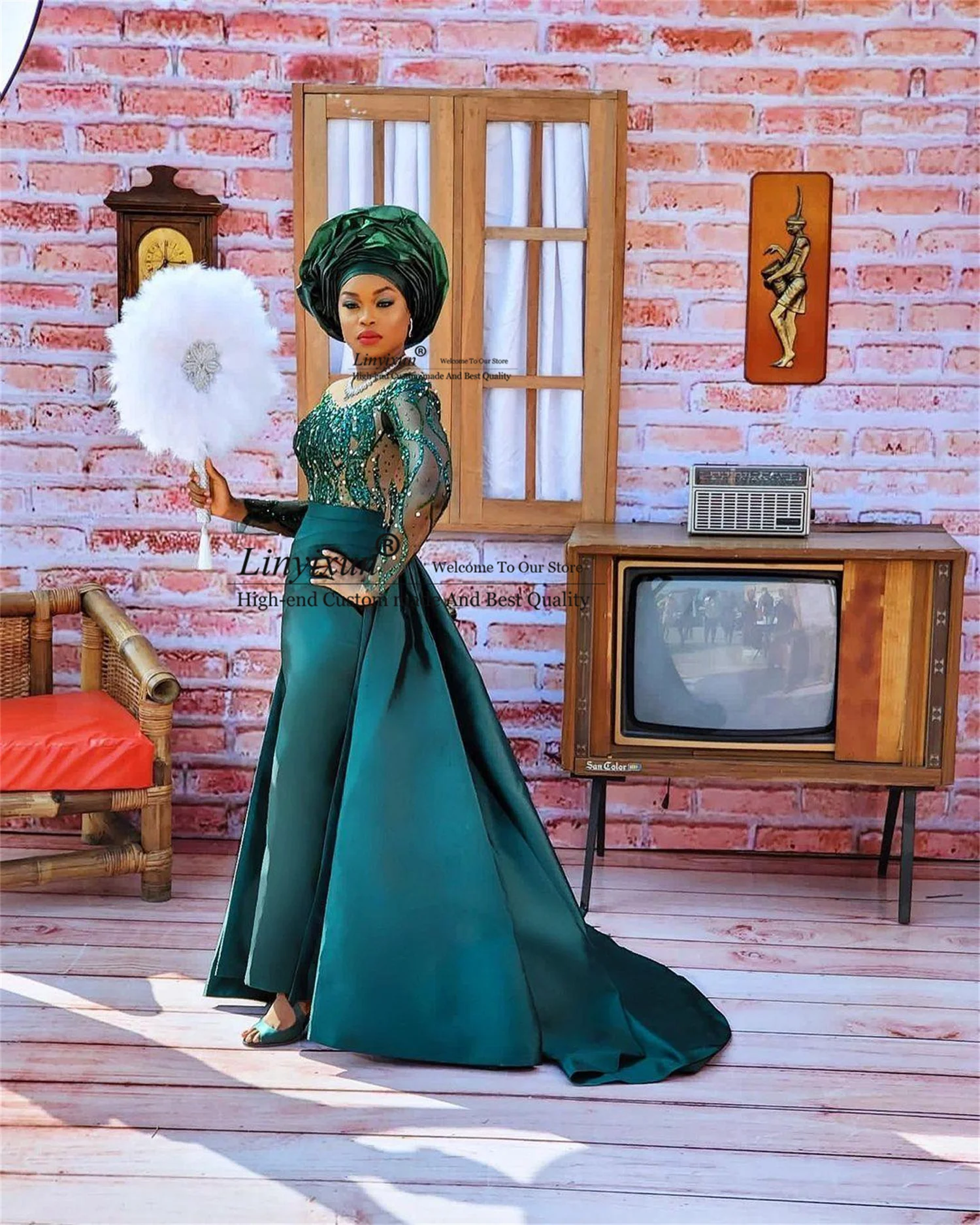 Arabic Aso Ebi Sheath Prom Dresses Beaded Sequined Lace Formal Evening Party Gowns Customized Detachable Train Robe De Soiree